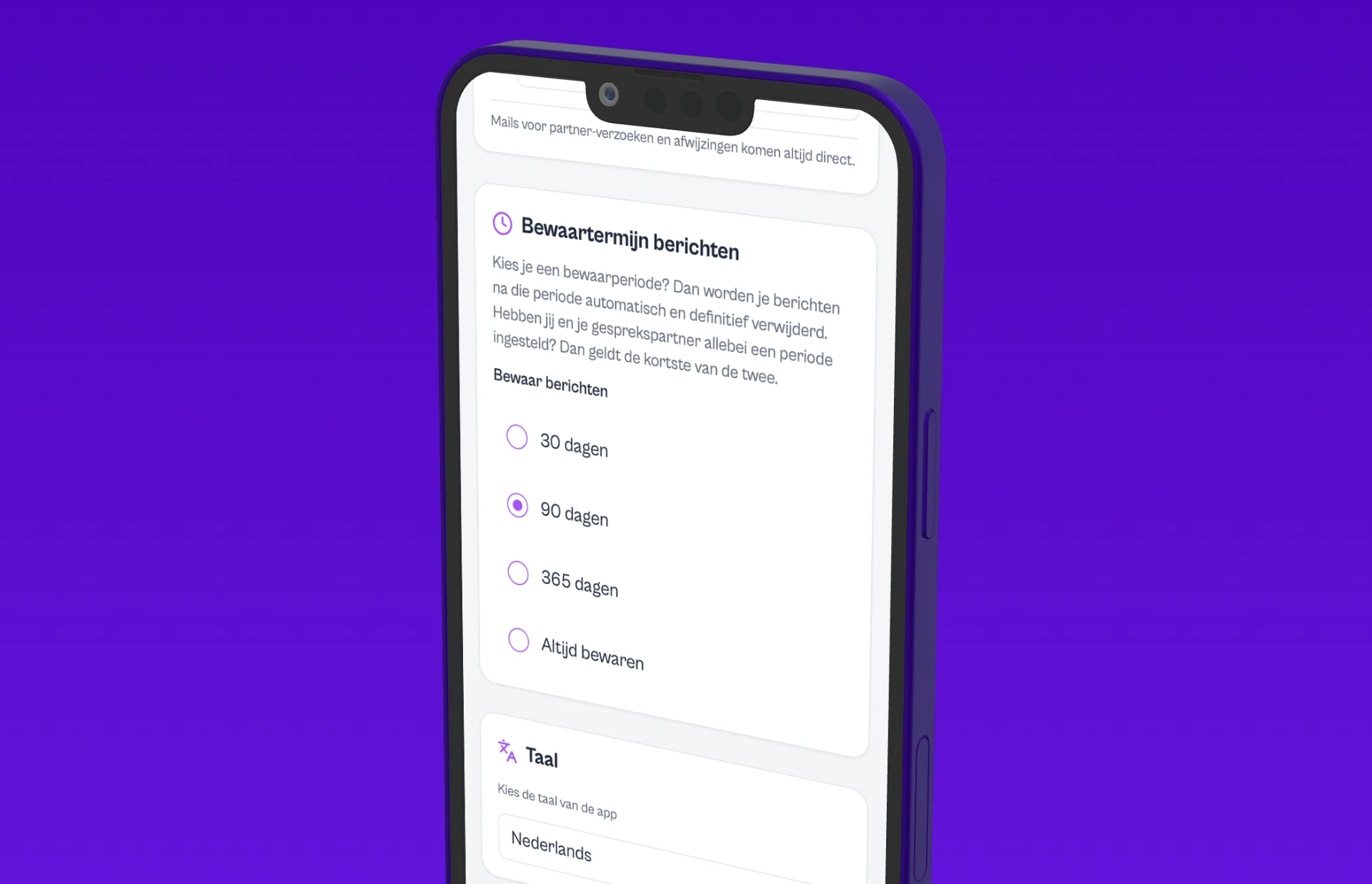 Privacy-instellingen met bewaartermijn voor berichten in de Open Love app