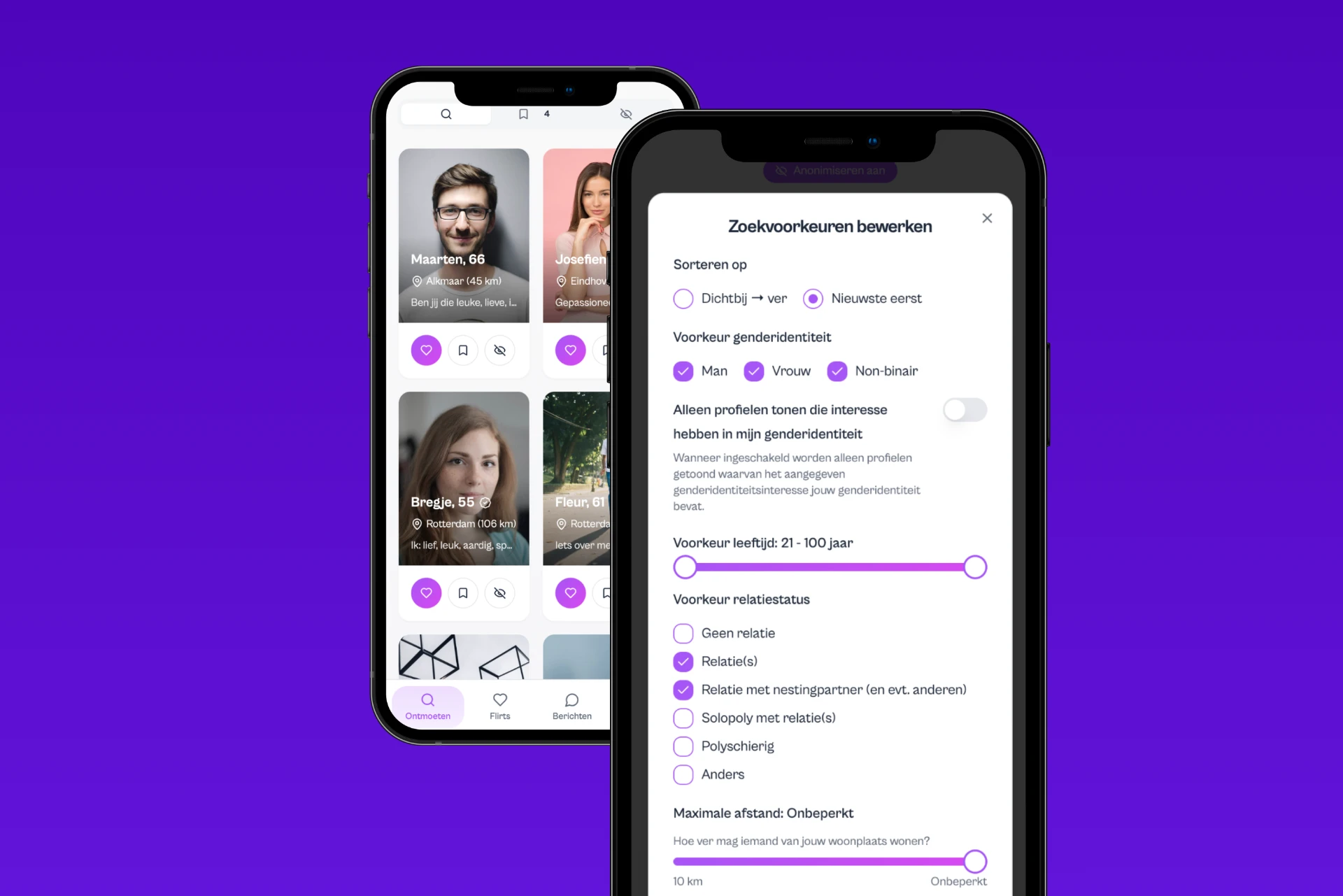 Open Love app met zoekvoorkeuren op een smartphone