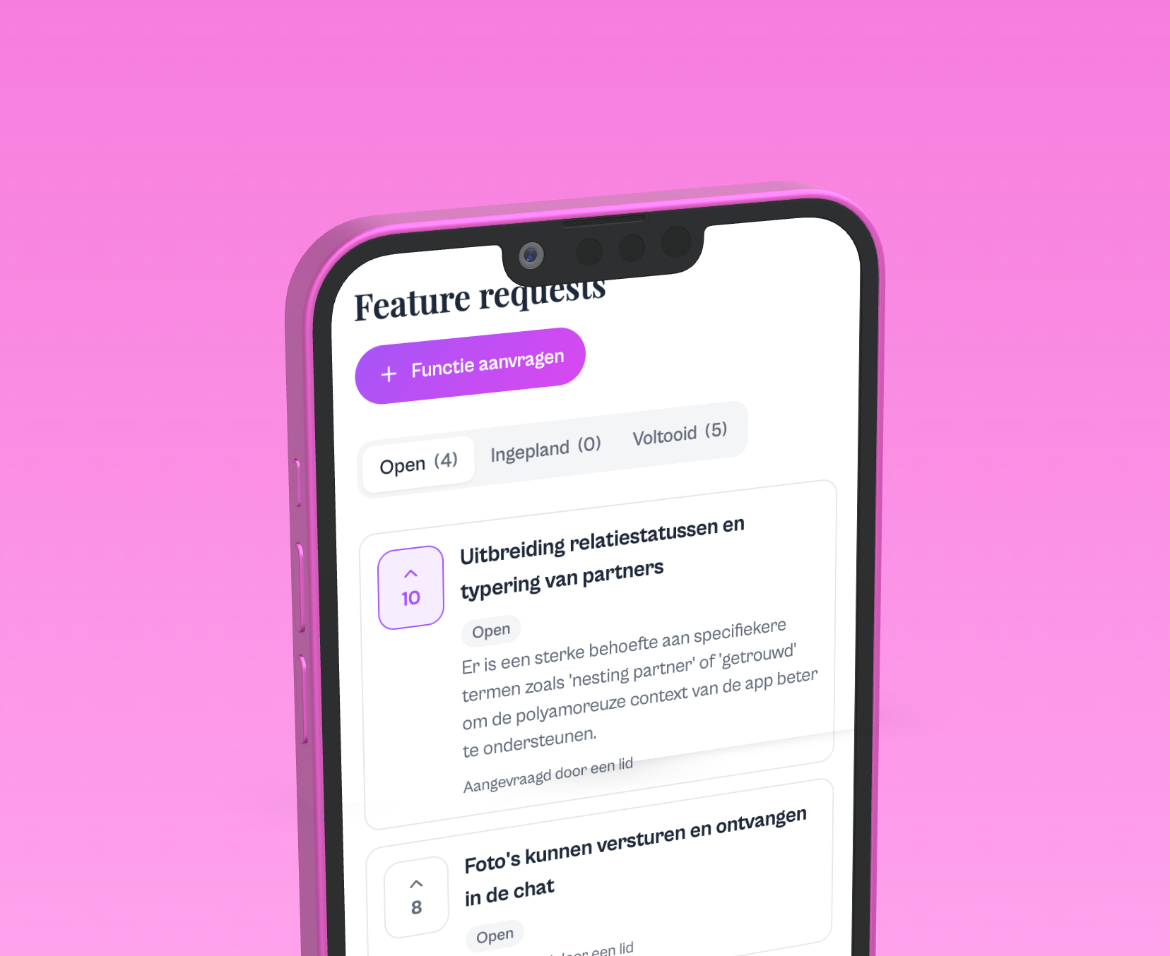 Open Love roadmap met feature requests op een smartphone